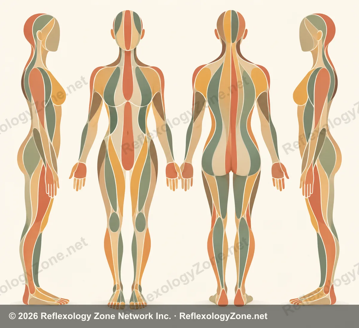 Abstract illustration of the female form in four views, showing the ten longitudinal zones of zone therapy in warm terracotta, sage and gold.
