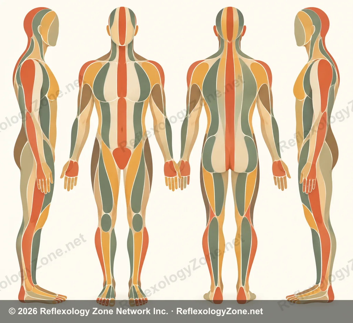 Abstract illustration of the male form in four views, showing the ten longitudinal zones of zone therapy in warm terracotta, sage and gold.