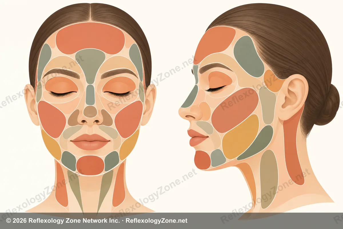 Abstract illustration of the face with reflexology zones mapped in warm terracotta, sage and gold.
