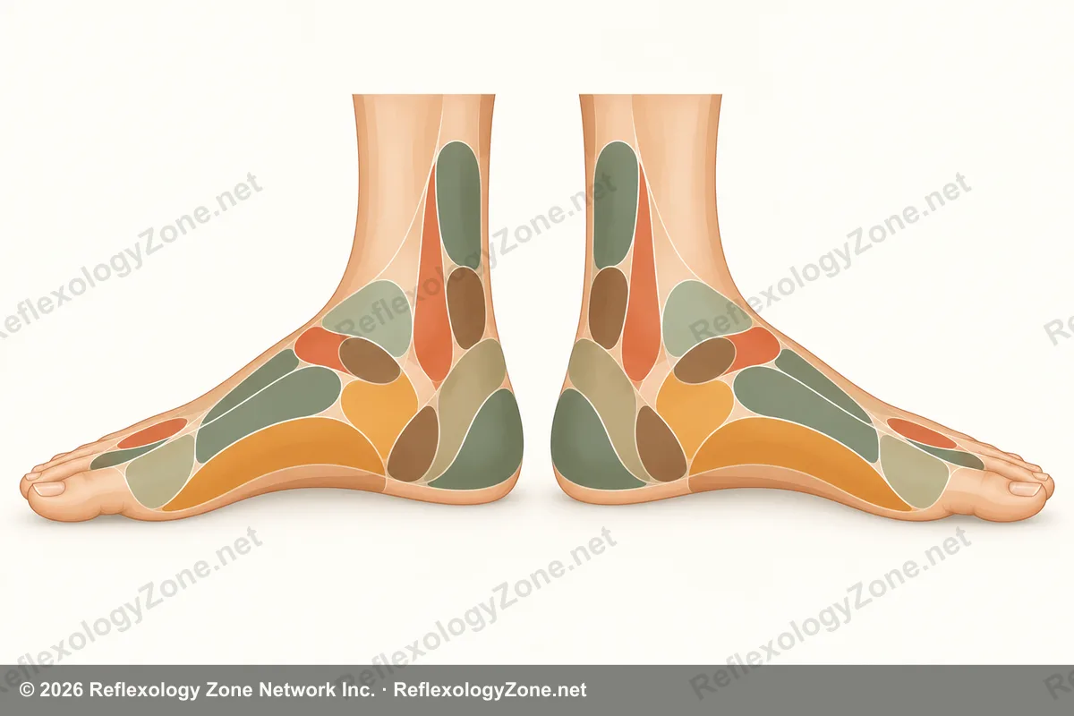 Abstract illustration of the inner arches of both feet with the spinal reflex zones mapped in warm terracotta, sage and gold.