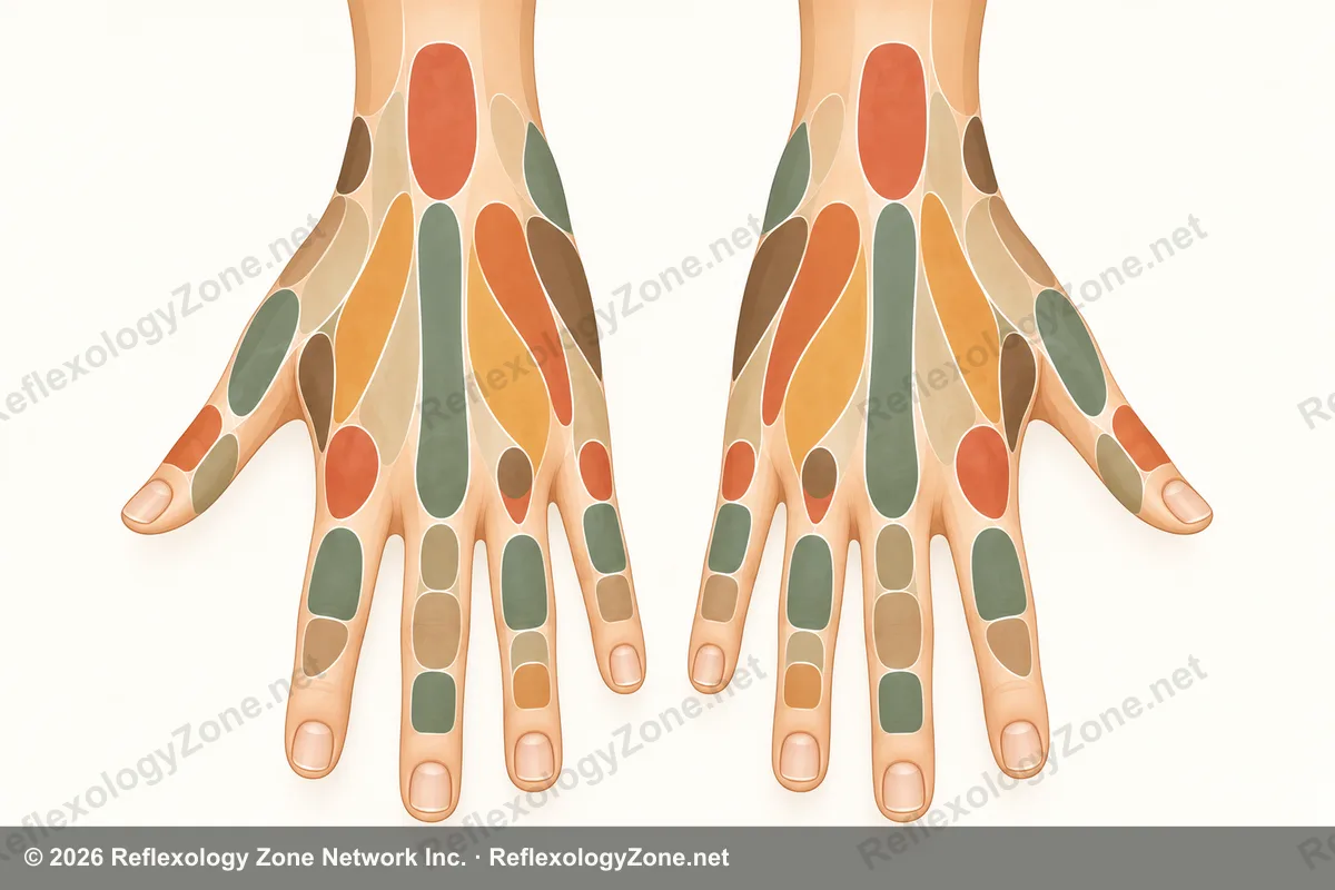 Abstract illustration of the backs of both hands with reflexology zones mapped in warm terracotta, sage and gold.