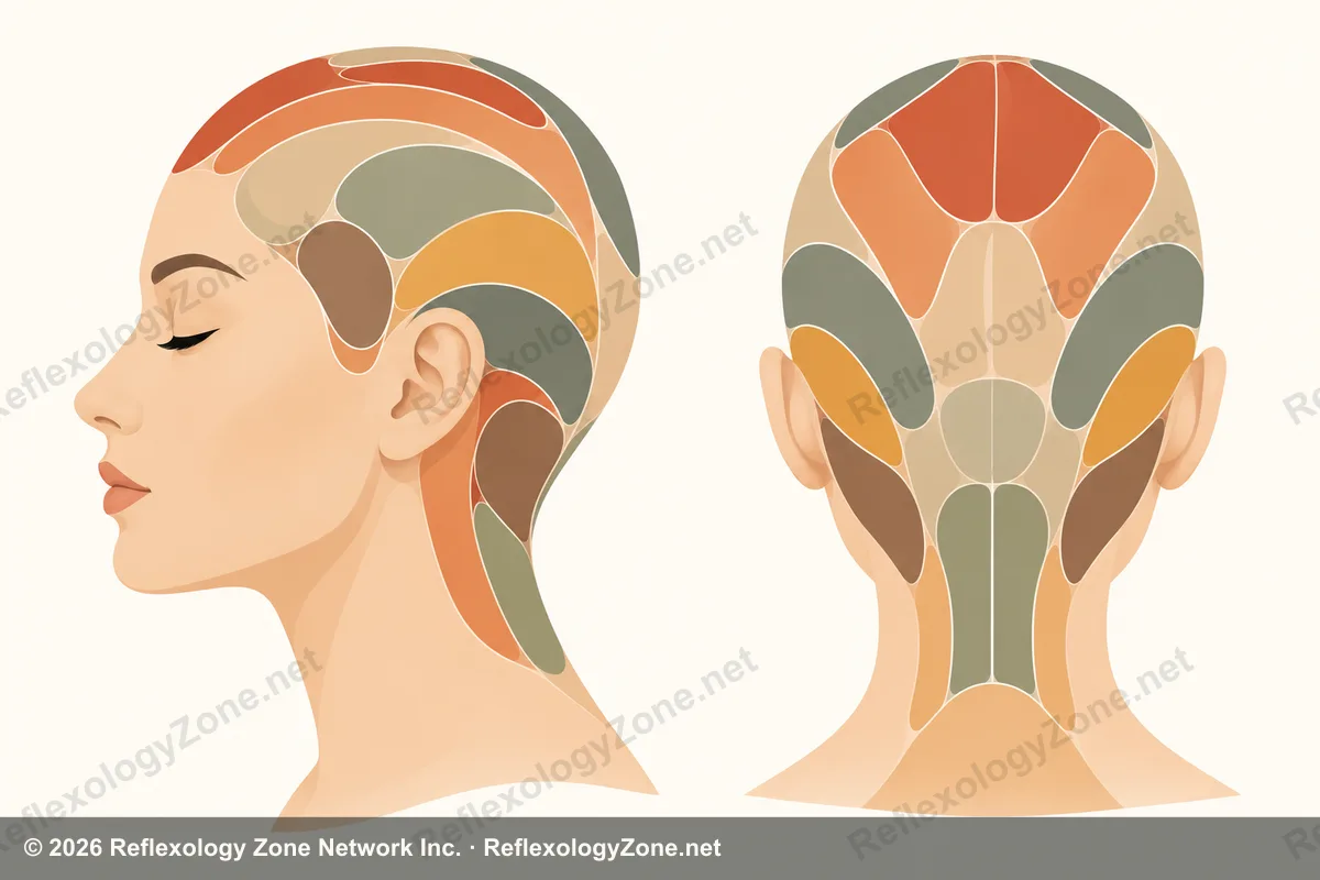 Abstract illustration of the scalp with reflexology zones mapped in warm terracotta, sage and gold.
